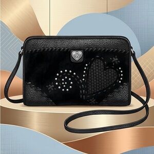 Brighton Black Suede & Leather Heart Embellished Convertible Crossbody Clutch